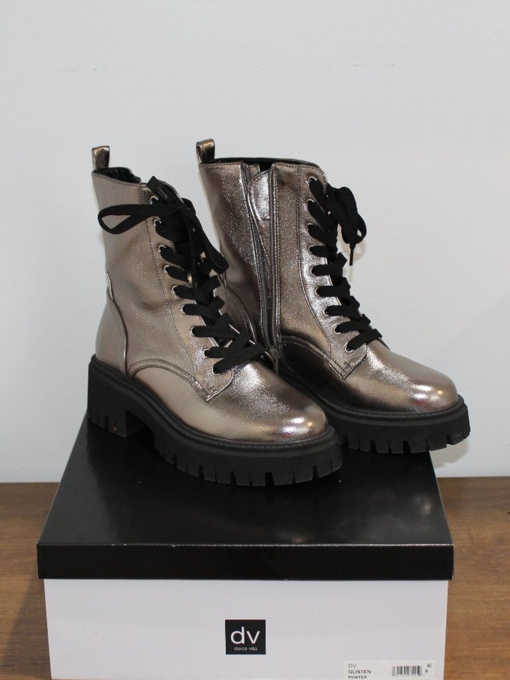 DV by Dolce Vita Glisten Metallic Pewter Chunky Platform Combat Boots Size 9
